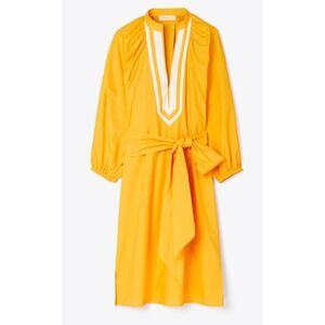 Tory Burch Puff Sleeve Tunic‎ Dress Caftan V-Neck Cotton Casual Yellow XS Belt